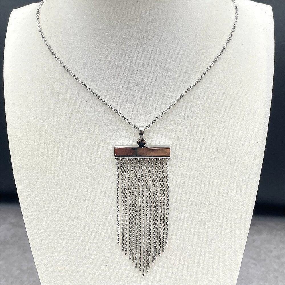 VTG Touchstone Crystal by Fringe Silver Tone Bar Chain Tassel Pendant Necklace